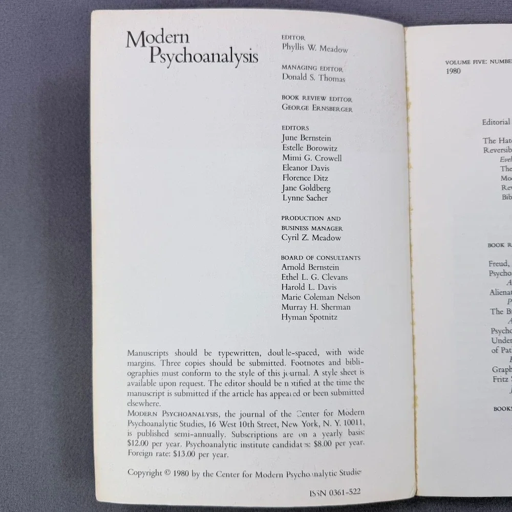 Modern Psychoanalysis Vol 5 No 1 Evelyn Liegner SoftBook 1980 Psychology Journal